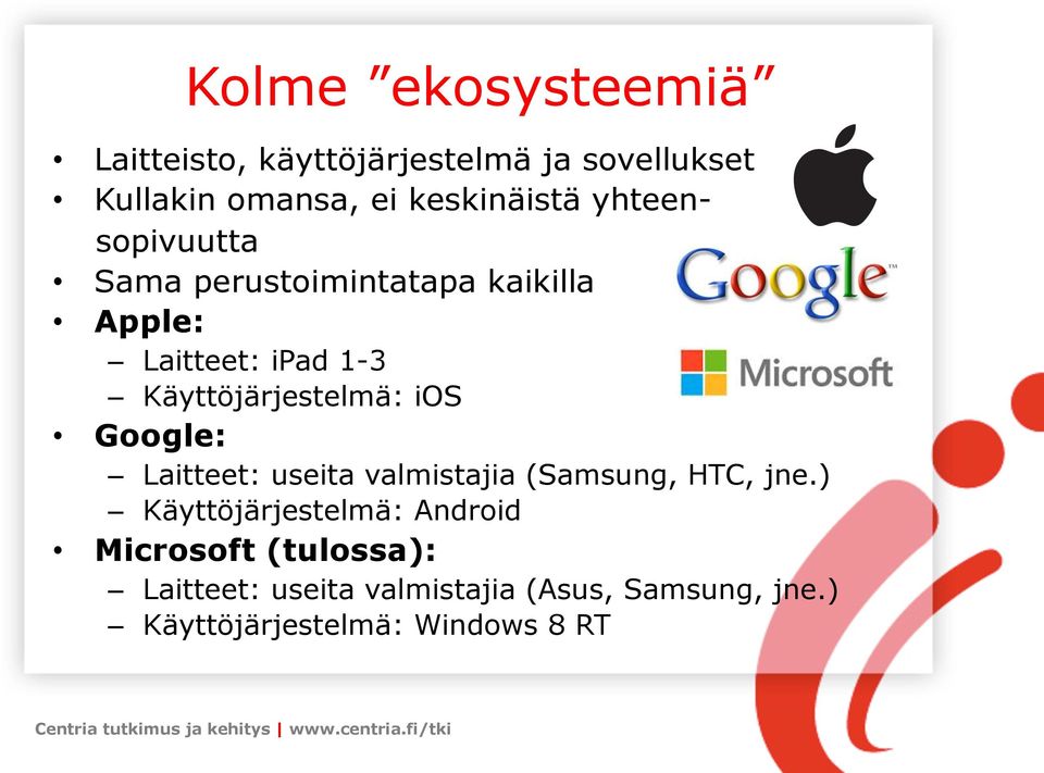 ios Google: Laitteet: useita valmistajia (Samsung, HTC, jne.