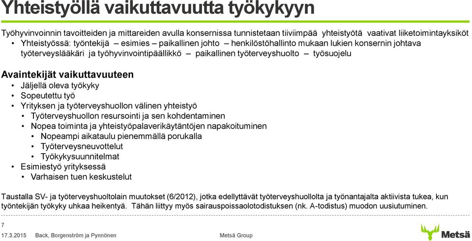 työkyky Sopeutettu työ Yrityksen ja työterveyshuollon välinen yhteistyö Työterveyshuollon resursointi ja sen kohdentaminen Nopea toiminta ja yhteistyöpalaverikäytäntöjen napakoituminen Nopeampi