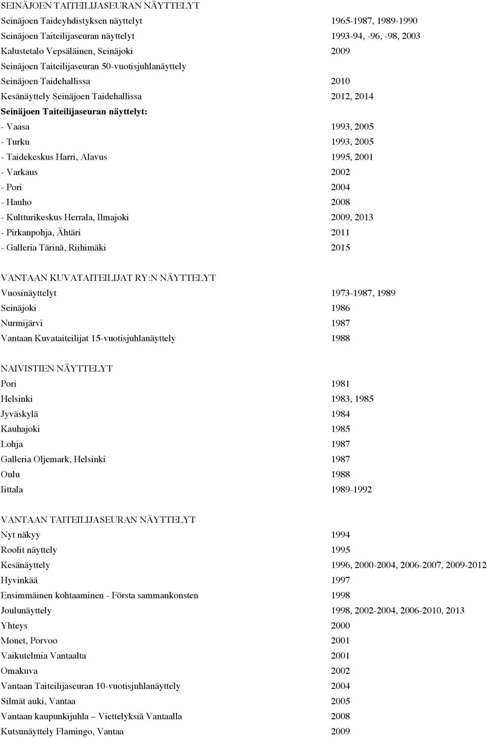 2005 - Taidekeskus Harri, Alavus 1995, 2001 - Varkaus 2002 - Pori 2004 - Hauho 2008 - Kultturikeskus Herrala, Ilmajoki 2009, 2013 - Pirkanpohja, Ähtäri 2011 - Galleria Tärinä, Riihimäki 2015 VANTAAN