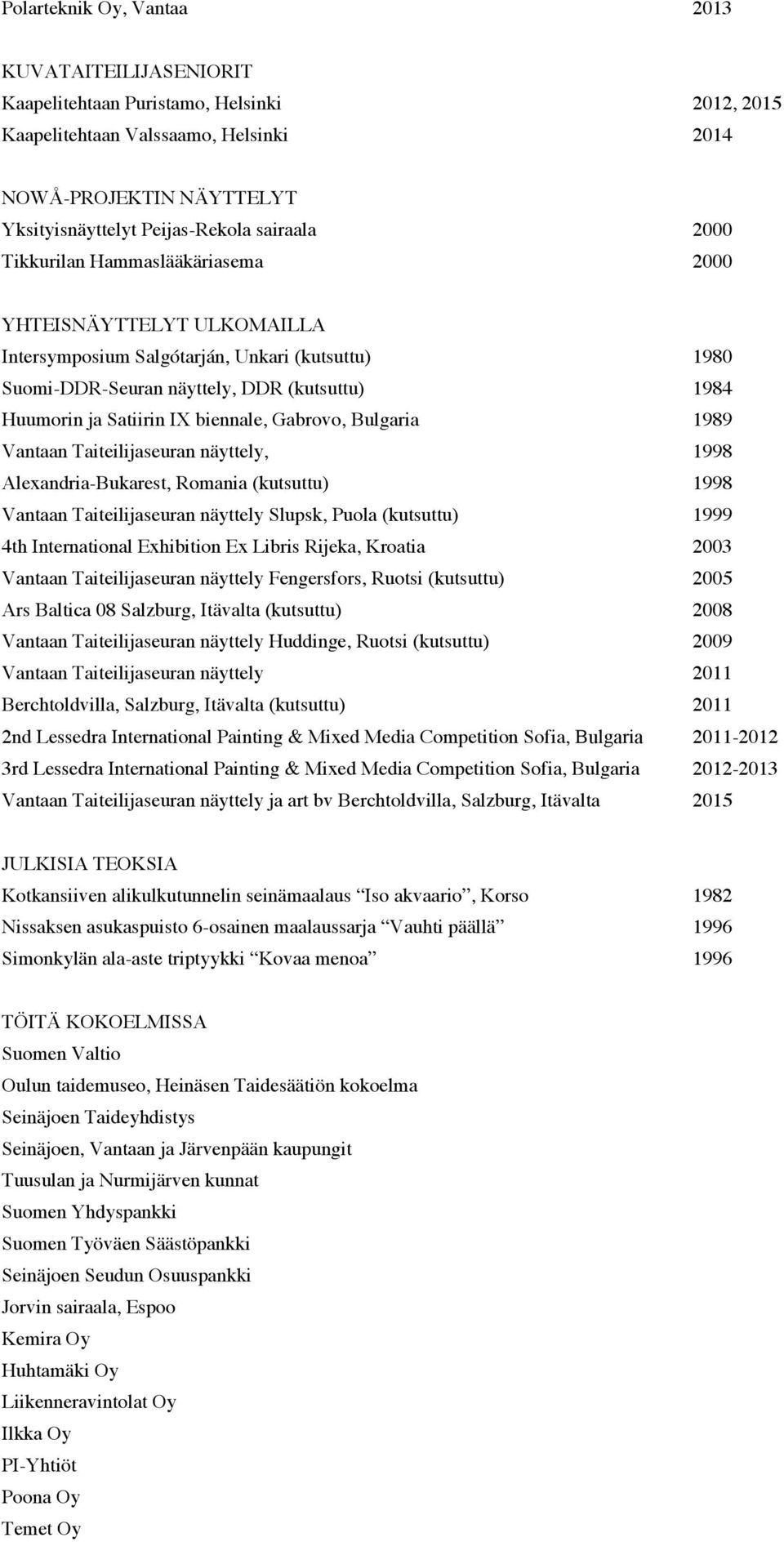 biennale, Gabrovo, Bulgaria 1989 Vantaan Taiteilijaseuran näyttely, 1998 Alexandria-Bukarest, Romania (kutsuttu) 1998 Vantaan Taiteilijaseuran näyttely Slupsk, Puola (kutsuttu) 1999 4th International