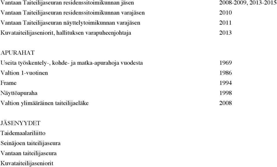 APURAHAT Useita työskentely-, kohde- ja matka-apurahoja vuodesta 1969 Valtion 1-vuotinen 1986 Frame 1994 Näyttöapuraha 1998