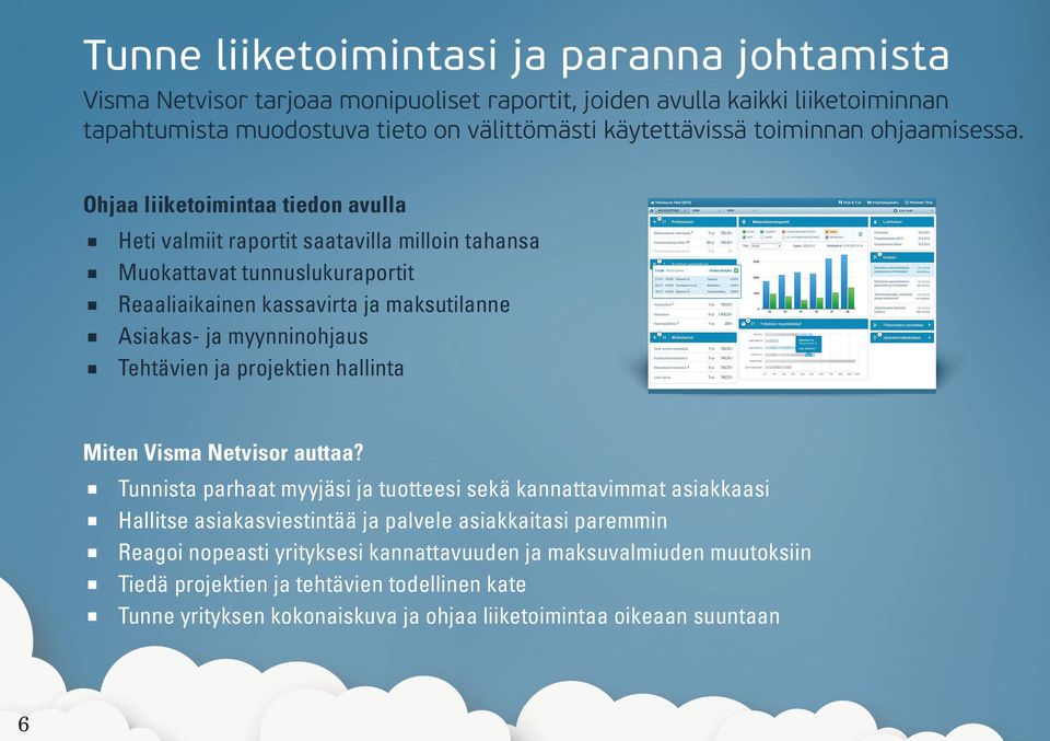 Ohjaa liiketoimintaa tiedon avulla Heti valmiit raportit saatavilla milloin tahansa Muokattavat tunnuslukuraportit Reaaliaikainen kassavirta ja maksutilanne Asiakas- ja myynninohjaus Tehtävien