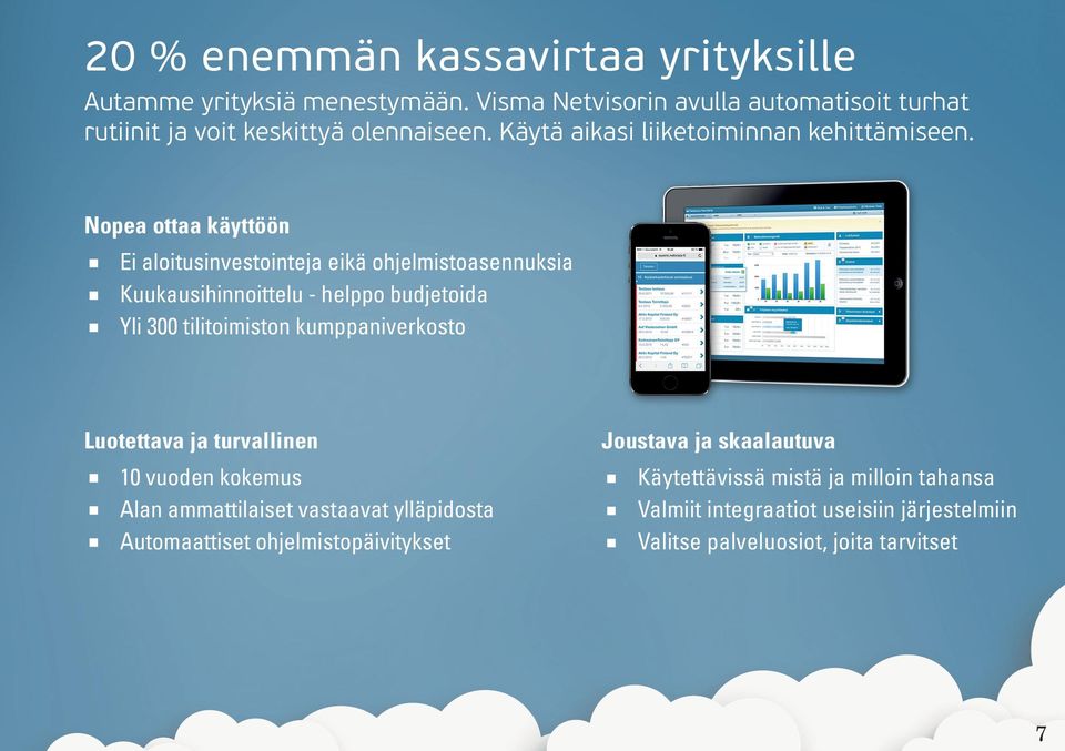 Nopea ottaa käyttöön Ei aloitusinvestointeja eikä ohjelmistoasennuksia Kuukausihinnoittelu - helppo budjetoida Yli 300 tilitoimiston kumppaniverkosto