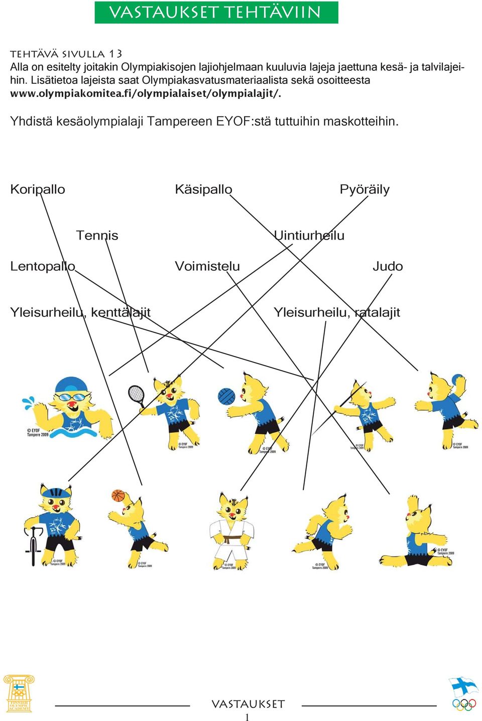olympiakomitea.fi/olympialaiset/olympialajit/. Yhdistä kesäolympialaji Tampereen EYOF:stä tuttuihin maskotteihin.