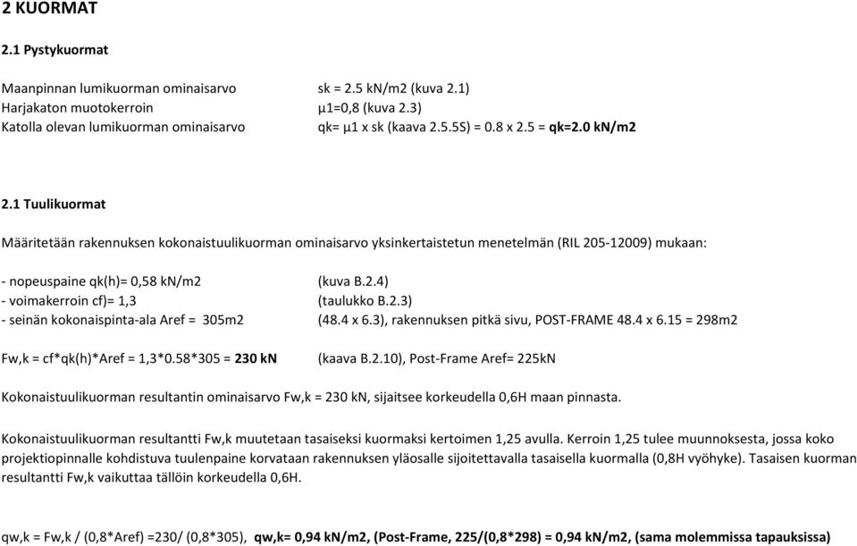 2.3) - seinän kokonaispinta-ala Aref = 305m2 (48.4 x 6.3), rakennuksen pitkä sivu, POST-FRAME 48.4 x 6.15 = 298m2 Fw,k = cf*qk(h)*aref = 1,3*0.58*305 = 230 kn (kaava B.2.10), Post-Frame Aref= 225kN Kokonaistuulikuorman resultantin ominaisarvo Fw,k = 230 kn, sijaitsee korkeudella 0,6H maan pinnasta.