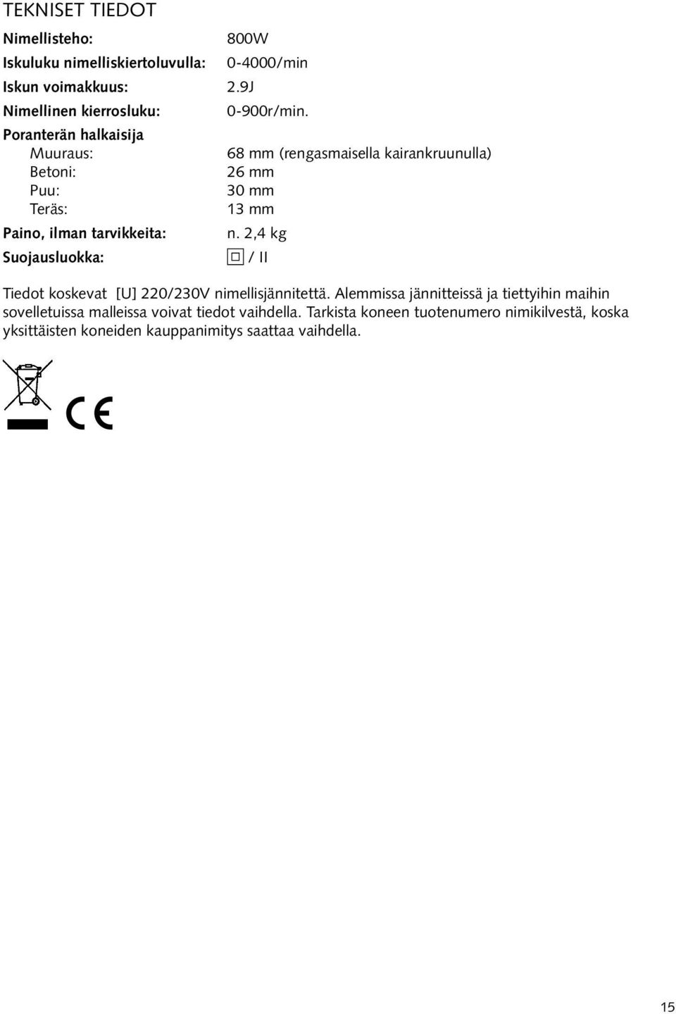 0-900r/min. 68 mm (rengasmaisella kairankruunulla) 26 mm 30 mm 13 mm n. 2,4 kg / II Tiedot koskevat [U] 220/230V nimellisjännitettä.