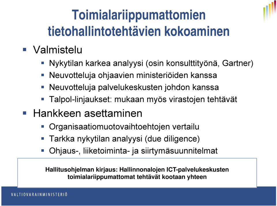 tehtävät Hankkeen asettaminen Organisaatiomuotovaihtoehtojen vertailu Tarkka nykytilan analyysi (due diligence) Ohjaus-,