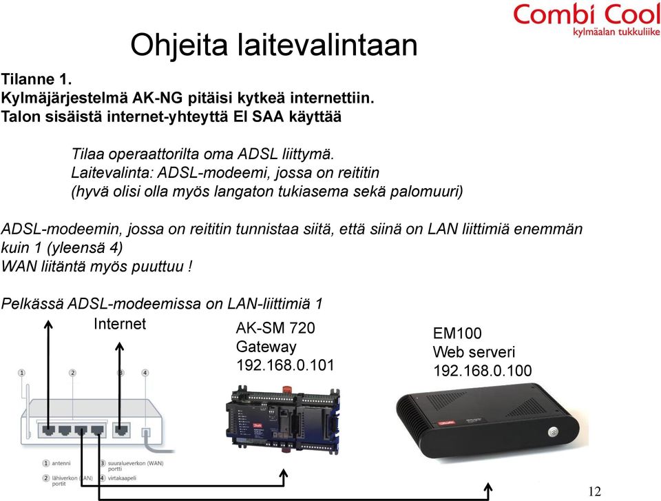 Laitevalinta: ADSL-modeemi, jossa on reititin (hyvä olisi olla myös langaton tukiasema sekä palomuuri) ADSL-modeemin, jossa on