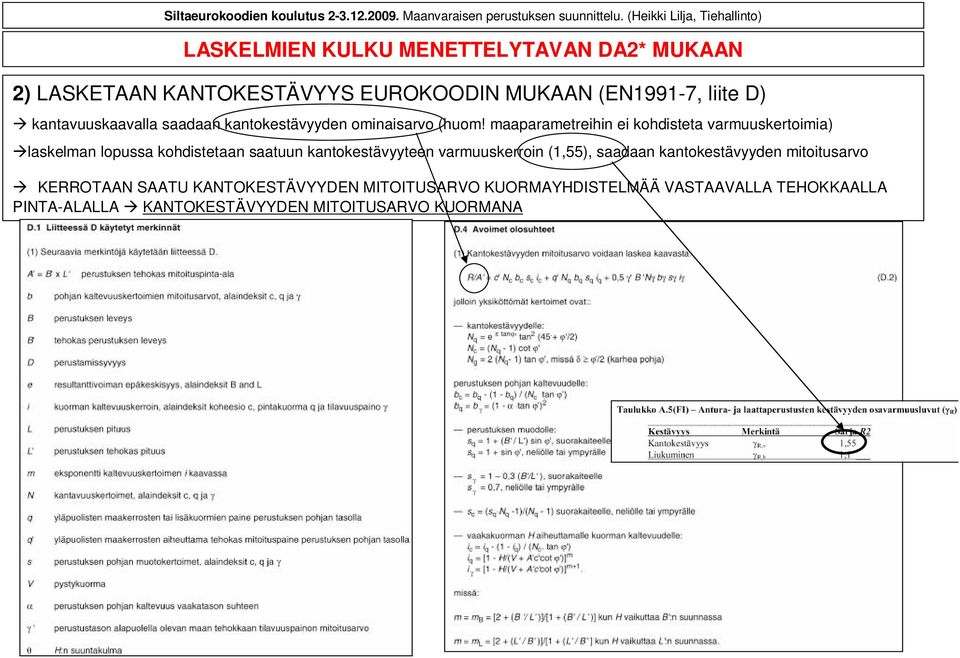maaparametreihin ei kohdisteta varmuuskertoimia) laskelman lopussa kohdistetaan saatuun kantokestävyyteen