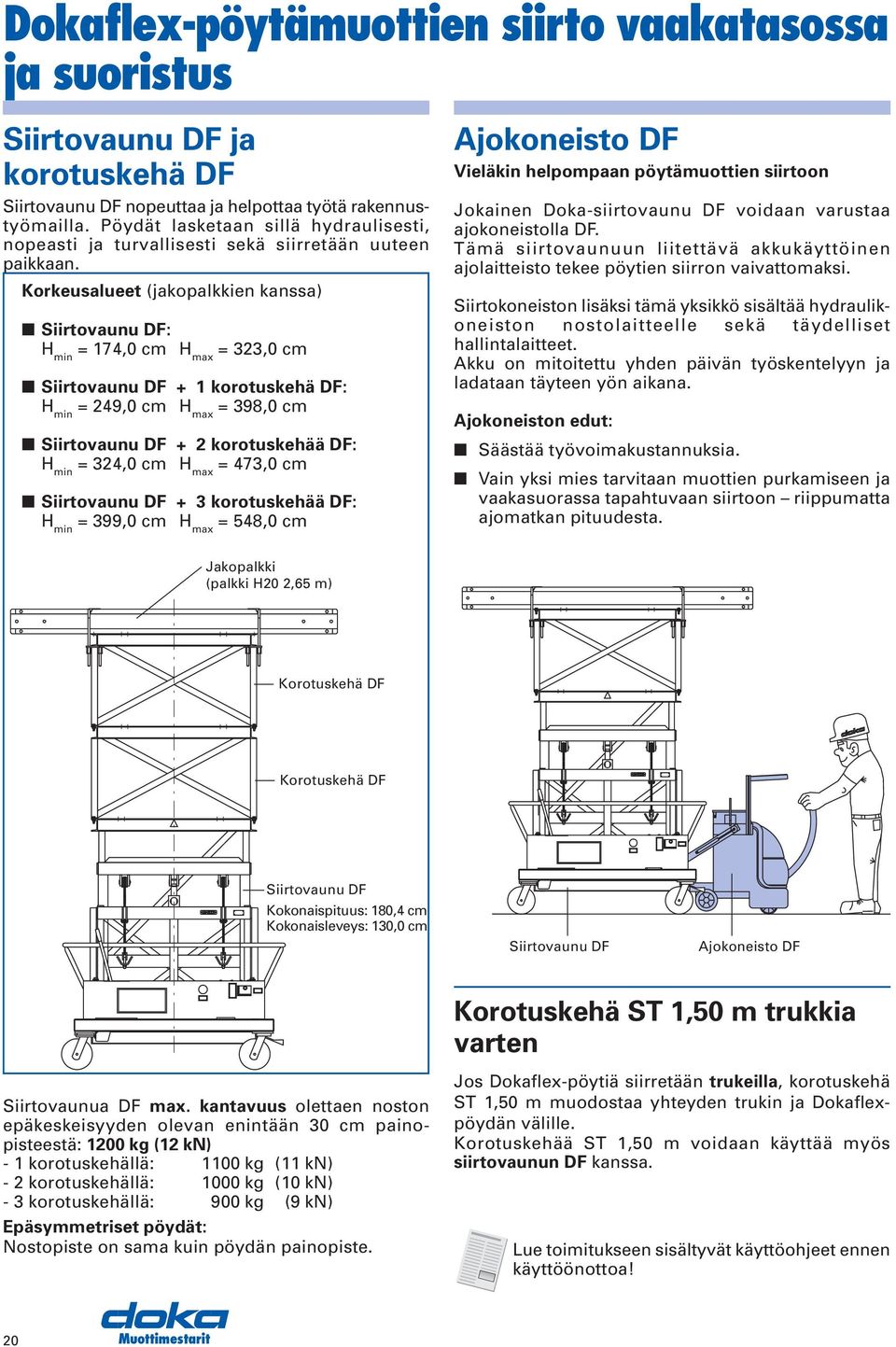 Korkeusalueet (jakopalkkien kanssa) Siirtovaunu DF: H min = 174,0 cm H max = 323,0 cm Siirtovaunu DF + 1 korotuskehä DF: H min = 249,0 cm H max = 398,0 cm Siirtovaunu DF + 2 korotuskehää DF: H min =