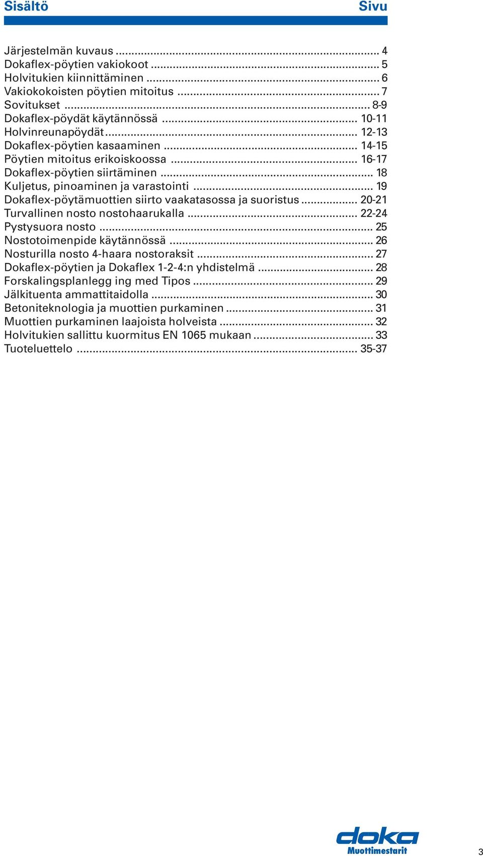 .. 19 Dokaflex-pöytämuottien siirto vaakatasossa ja suoristus... 20-21 Turvallinen nosto nostohaarukalla... 22-24 Pystysuora nosto... 25 Nostotoimenpide käytännössä.