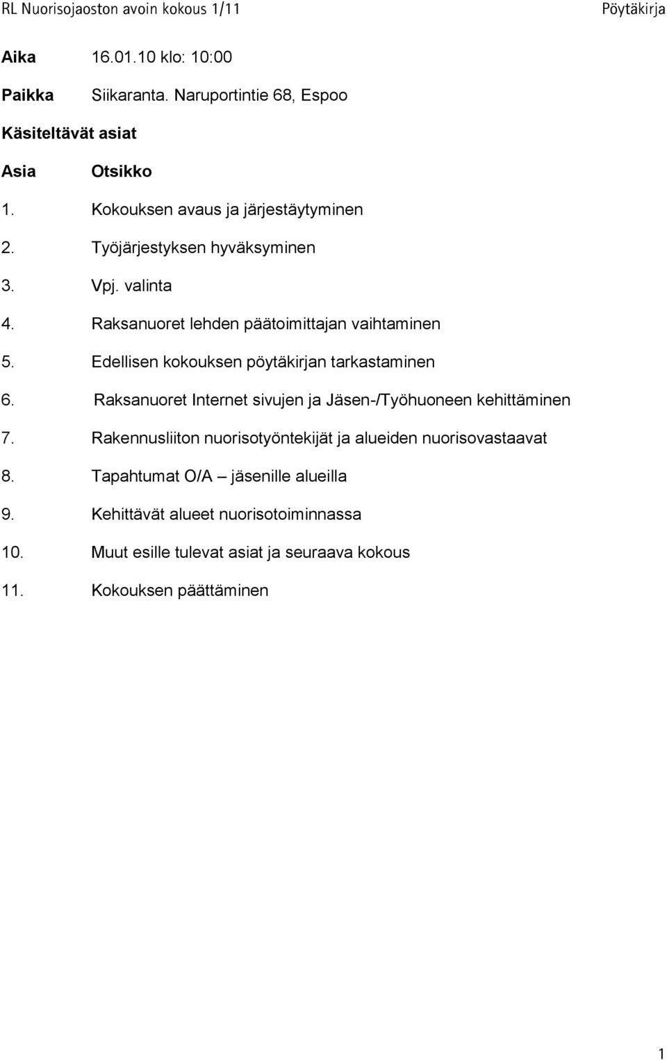 Edellisen kokouksen pöytäkirjan tarkastaminen 6. Raksanuoret Internet sivujen ja Jäsen-/Työhuoneen kehittäminen 7.