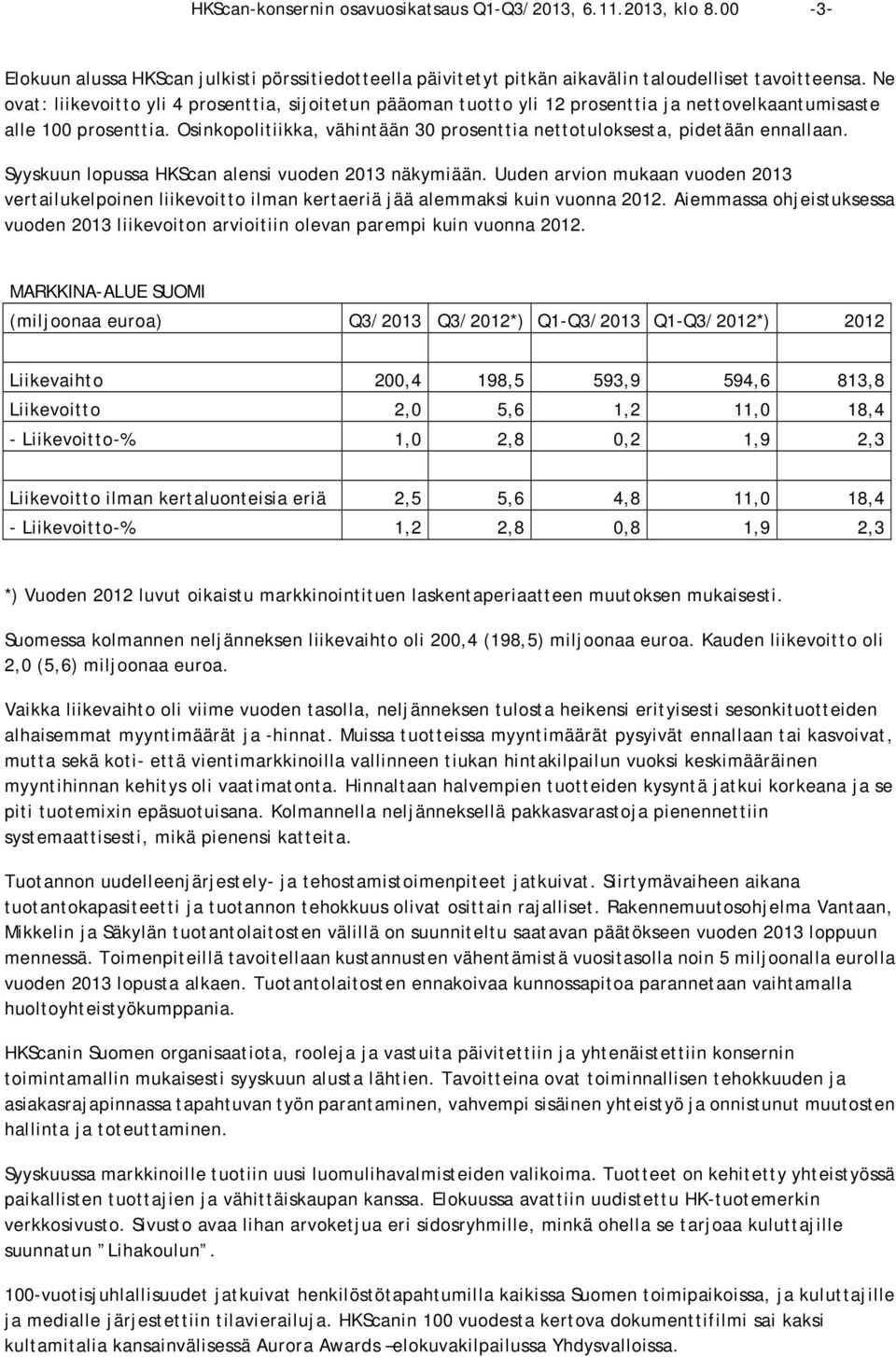 Osinkopolitiikka, vähintään 30 prosenttia nettotuloksesta, pidetään ennallaan. Syyskuun lopussa HKScan alensi vuoden 2013 näkymiään.