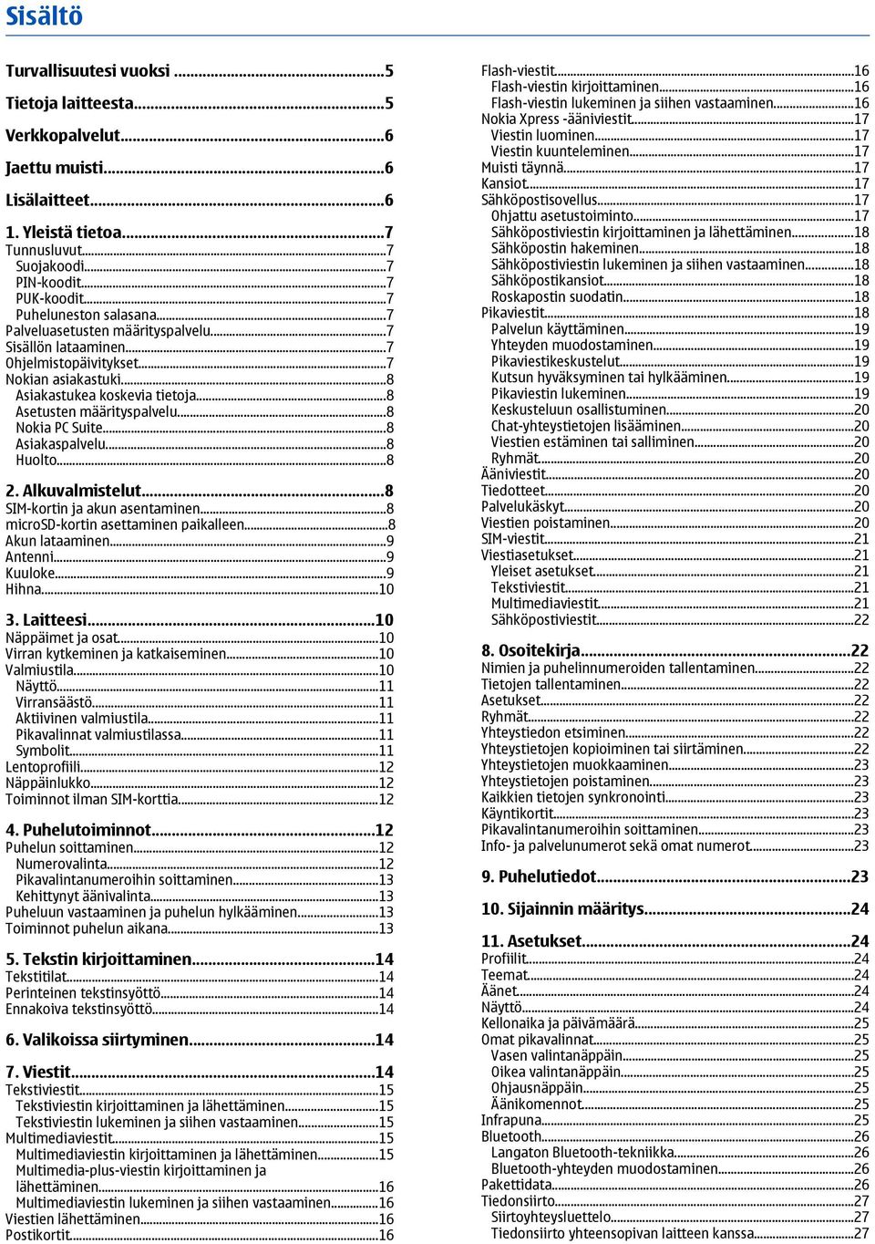 ..8 Nokia PC Suite...8 Asiakaspalvelu...8 Huolto...8 2. Alkuvalmistelut...8 SIM-kortin ja akun asentaminen...8 microsd-kortin asettaminen paikalleen...8 Akun lataaminen...9 Antenni...9 Kuuloke.