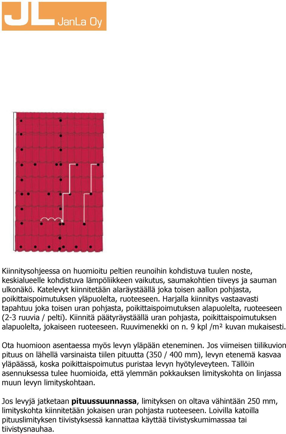 Harjalla kiinnitys vastaavasti tapahtuu joka toisen uran pohjasta, poikittaispoimutuksen alapuolelta, ruoteeseen (2-3 ruuvia / pelti).