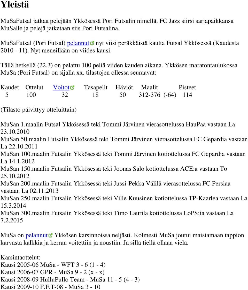 Ykkösen maratontaulukossa MuSa (Pori Futsal) on sijalla xx.