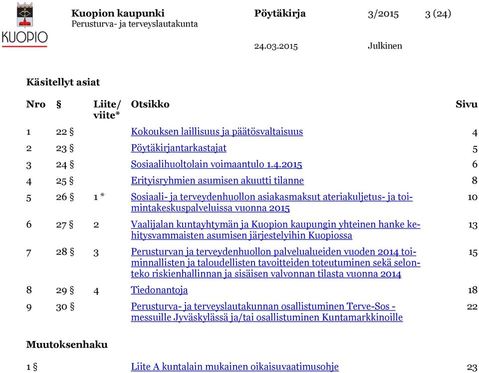 2015 6 4 25 Erityisryhmien asumisen akuutti tilanne 8 5 26 1 * Sosiaali- ja terveydenhuollon asiakasmaksut ateriakuljetus- ja toimintakeskuspalveluissa vuonna 2015 6 27 2 Vaalijalan kuntayhtymän ja