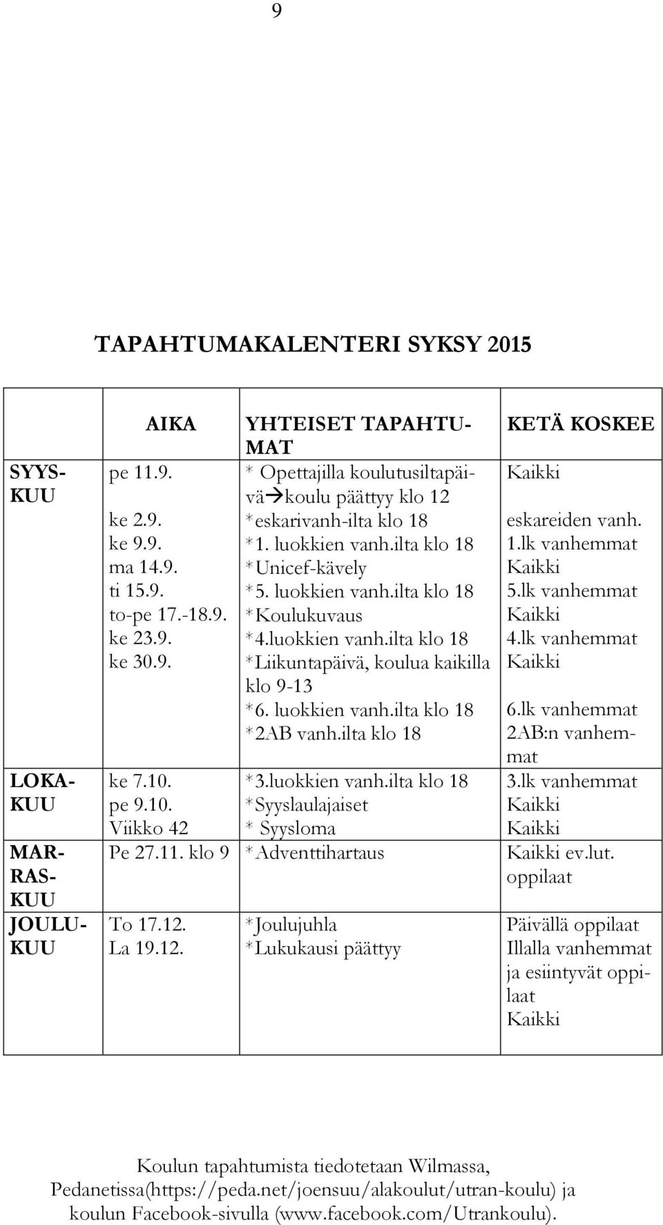 luokkien vanh.ilta klo 18 *Liikuntapäivä, koulua kaikilla klo 9-13 *6. luokkien vanh.ilta klo 18 *2AB vanh.ilta klo 18 *3.luokkien vanh.ilta klo 18 *Syyslaulajaiset * Syysloma Pe 27.11.