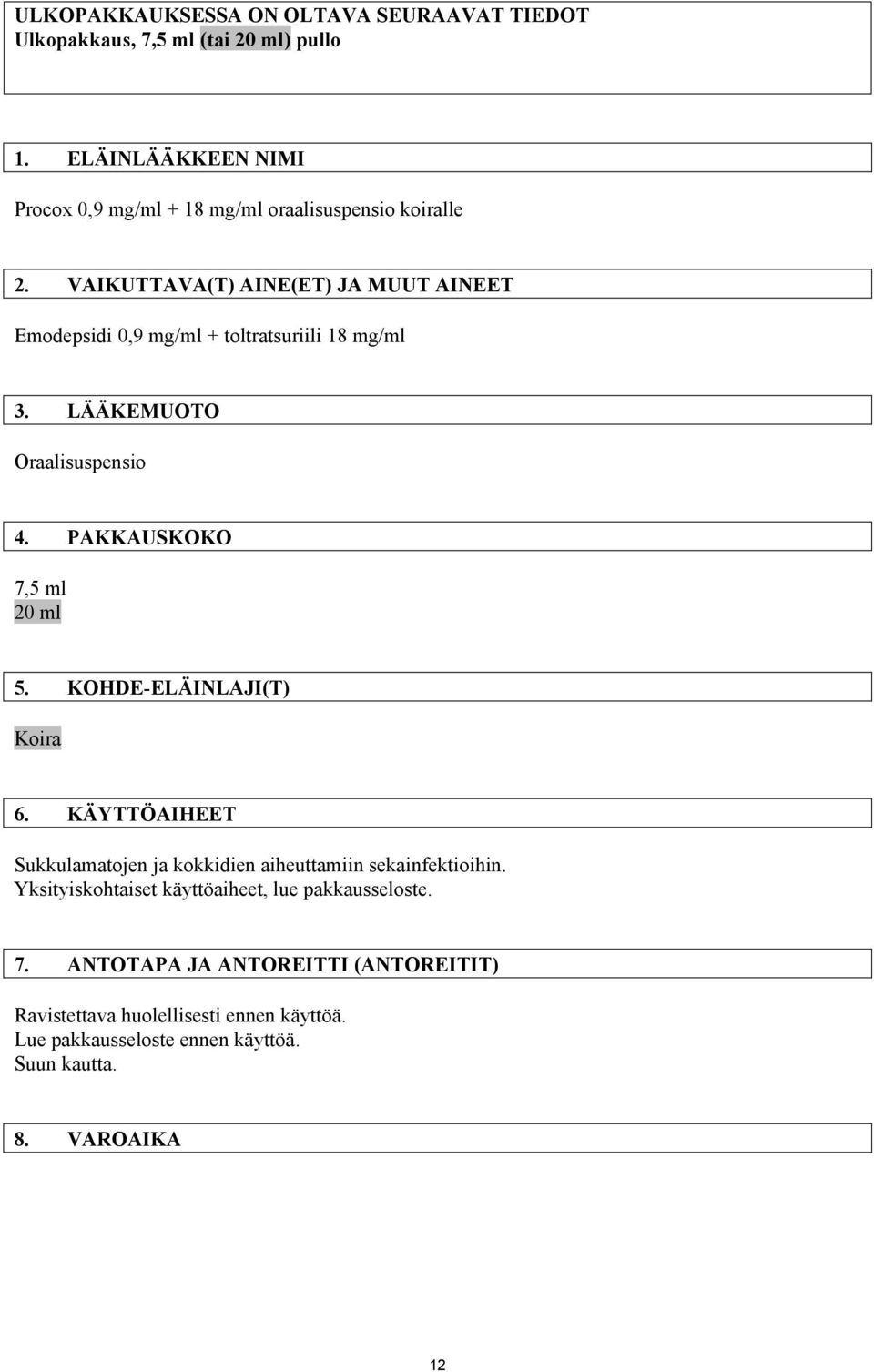 VAIKUTTAVA(T) AINE(ET) JA MUUT AINEET Emodepsidi 0,9 mg/ml + toltratsuriili 18 mg/ml 3. LÄÄKEMUOTO Oraalisuspensio 4. PAKKAUSKOKO 7,5 ml 20 ml 5.