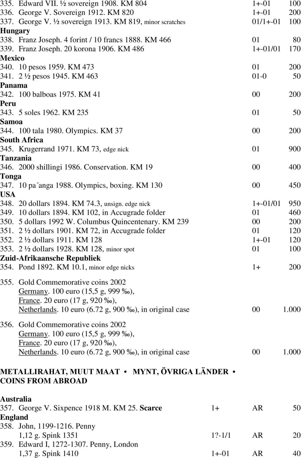 100 balboas 1975. KM 41 00 200 Peru 343. 5 soles 1962. KM 235 01 50 Samoa 344. 100 tala 1980. Olympics. KM 37 00 200 South Africa 345. Krugerrand 1971. KM 73, edge nick 01 900 Tanzania 346.