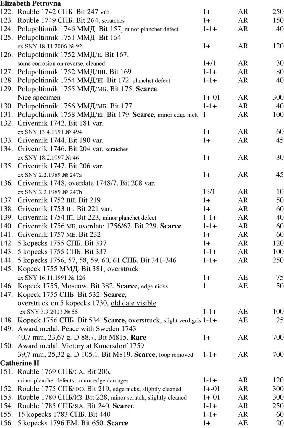 Bit 169 1-1+ AR 80 128. Polupoltinnik 1754 MMД/EI. Bit 172, planchet defect 1-1+ AR 40 129. Polupoltinnik 1755 MMД/MБ. Bit 175. Scarce Nice specimen 1+-01 AR 300 130. Polupoltinnik 1756 MMД/MБ.