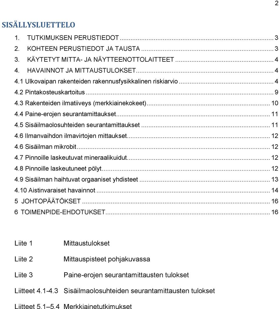 .. 12 4.6 Sisäilman mikrobit... 12 4.7 Pinnoille laskeutuvat mineraalikuidut... 12 4.8 Pinnoille laskeutuneet pölyt... 12 4.9 Sisäilman haihtuvat orgaaniset yhdisteet... 13 4.