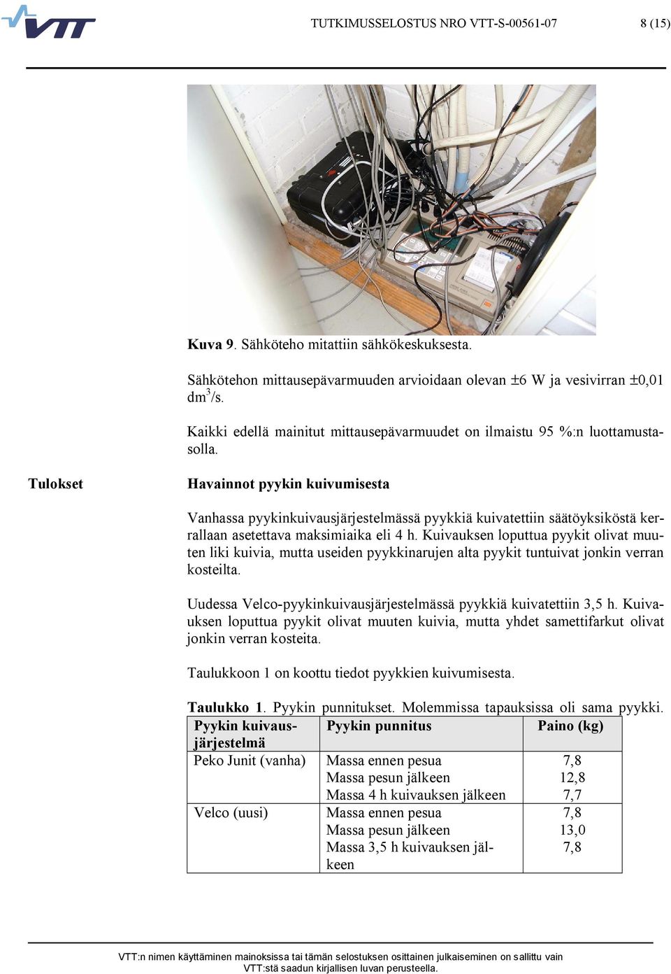 Tulokset Havainnot pyykin kuivumisesta Vanhassa pyykinkuivausjärjestelmässä pyykkiä kuivatettiin säätöyksiköstä kerrallaan asetettava maksimiaika eli 4 h.