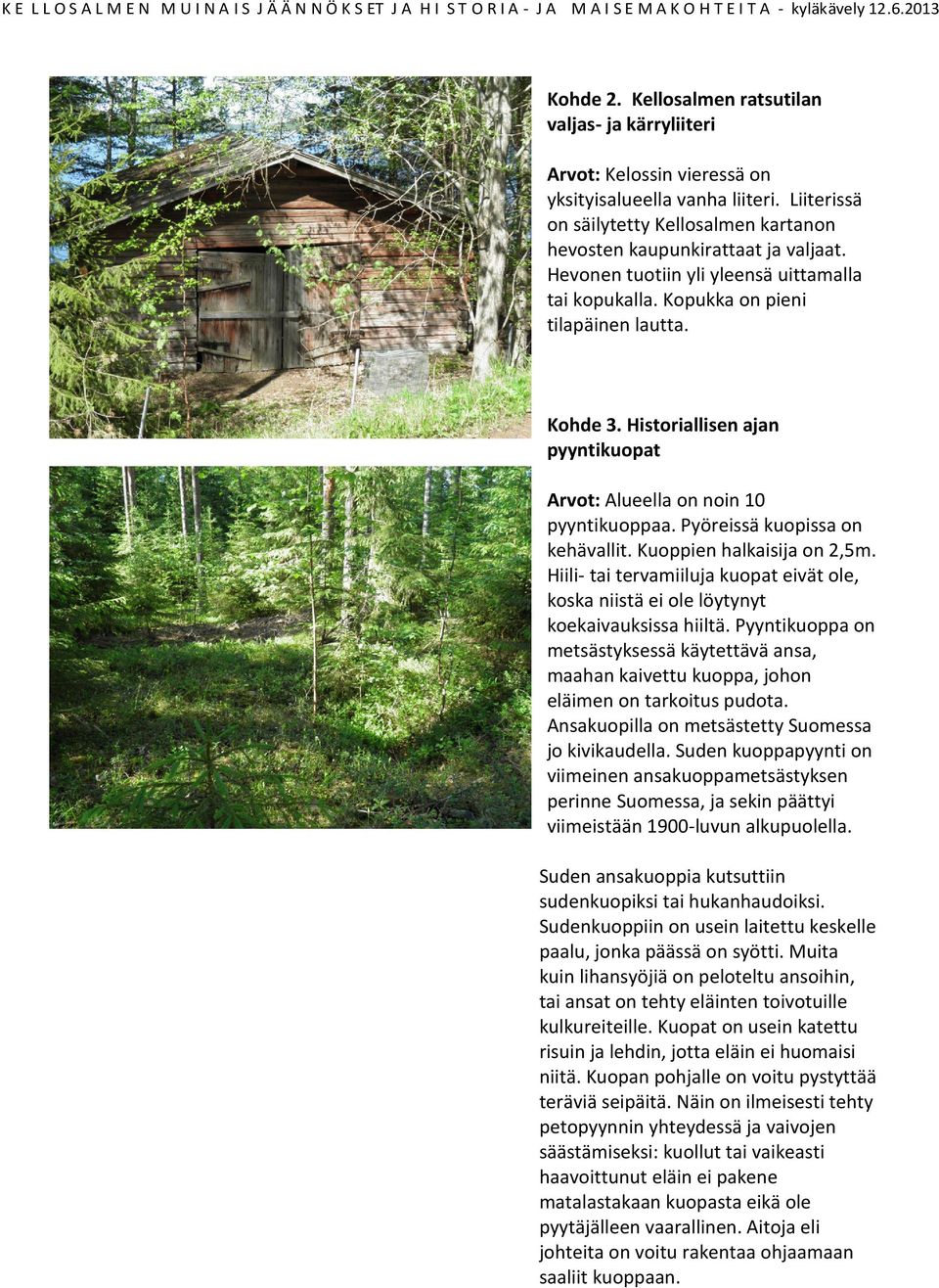 Pyöreissä kuopissa on kehävallit. Kuoppien halkaisija on 2,5m. Hiili- tai tervamiiluja kuopat eivät ole, koska niistä ei ole löytynyt koekaivauksissa hiiltä.
