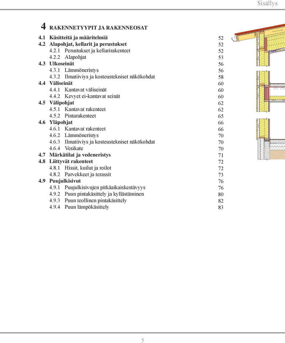 6 Yläpohjat 4.6.1 Kantavat rakenteet 4.6.2 Lämmöneristys 4.6.3 Ilmatiiviys ja kosteustekniset näkökohdat 4.6.4 Vesikate 4.7 Märkätilat ja vedeneristys 4.8 Liittyvät rakenteet 4.8.1 Hissit, kuilut ja roilot 4.