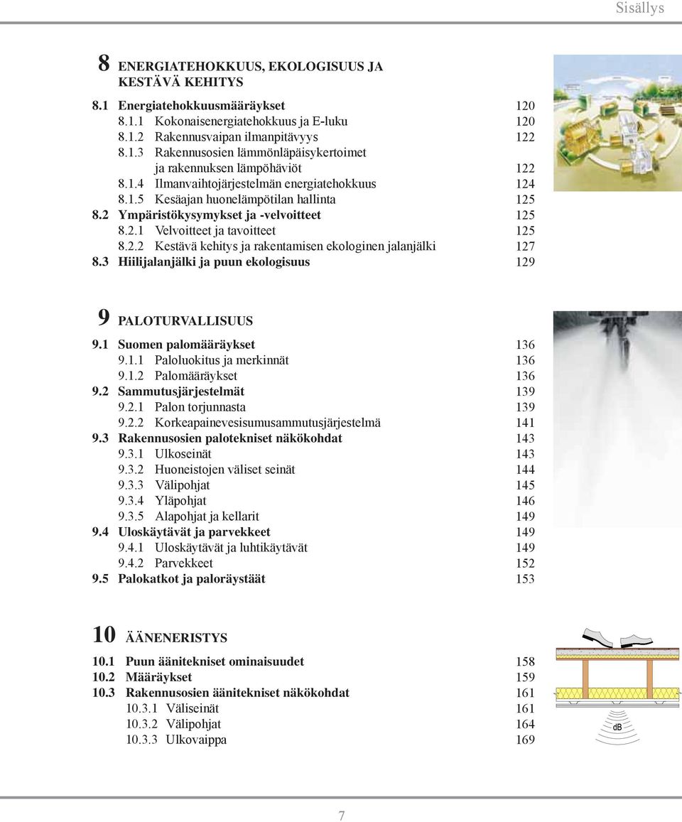 3 Hiilijalanjälki ja puun ekologisuus 120 120 122 122 124 125 125 125 127 129 9 PALOTURVALLISUUS 9.1 Suomen palomääräykset 9.1.1 Paloluokitus ja merkinnät 9.1.2 Palomääräykset 9.