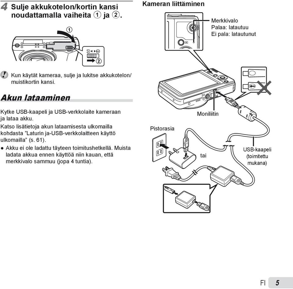 Akun lataaminen Kytke USB-kaapeli ja USB-verkkolaite kameraan ja lataa akku.