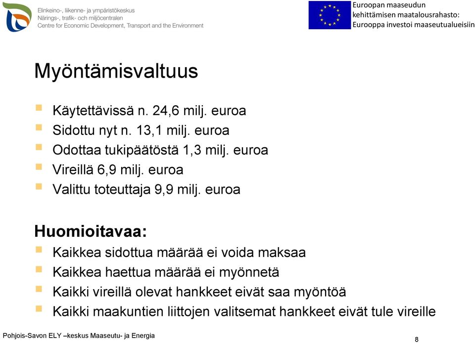 euroa Huomioitavaa: Kaikkea sidottua määrää ei voida maksaa Kaikkea haettua määrää ei myönnetä Kaikki