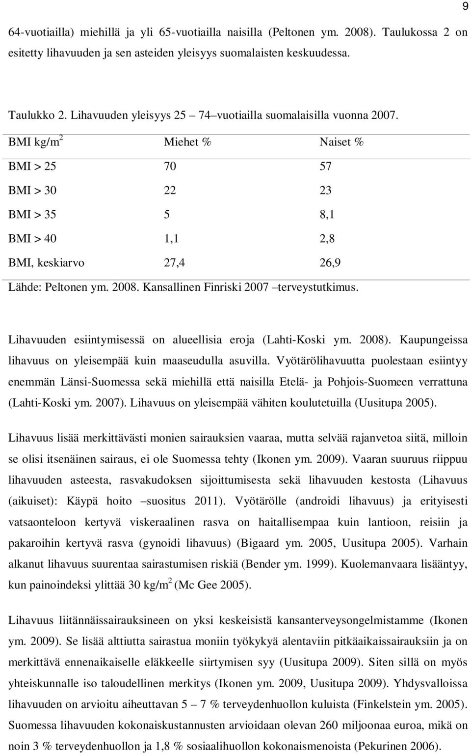 2008. Kansallinen Finriski 2007 terveystutkimus. Lihavuuden esiintymisessä on alueellisia eroja (Lahti-Koski ym. 2008). Kaupungeissa lihavuus on yleisempää kuin maaseudulla asuvilla.