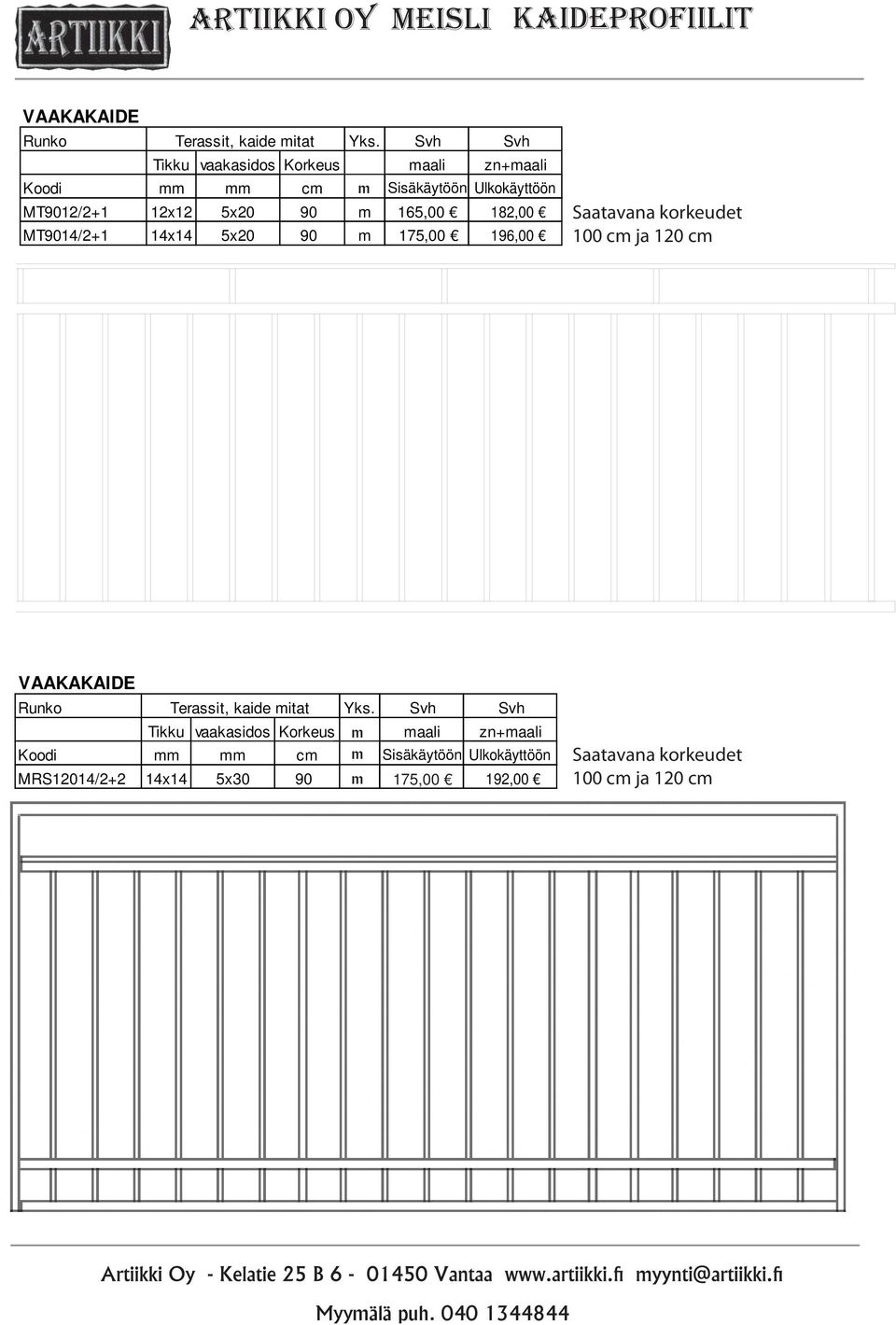 165,00 182,00 MT9014/2+1 14x14 5x20 90 m 175,00 196,00 Saatavana korkeudet 100 cm ja 120 cm VAAKAKAIDE Terassit, kaide