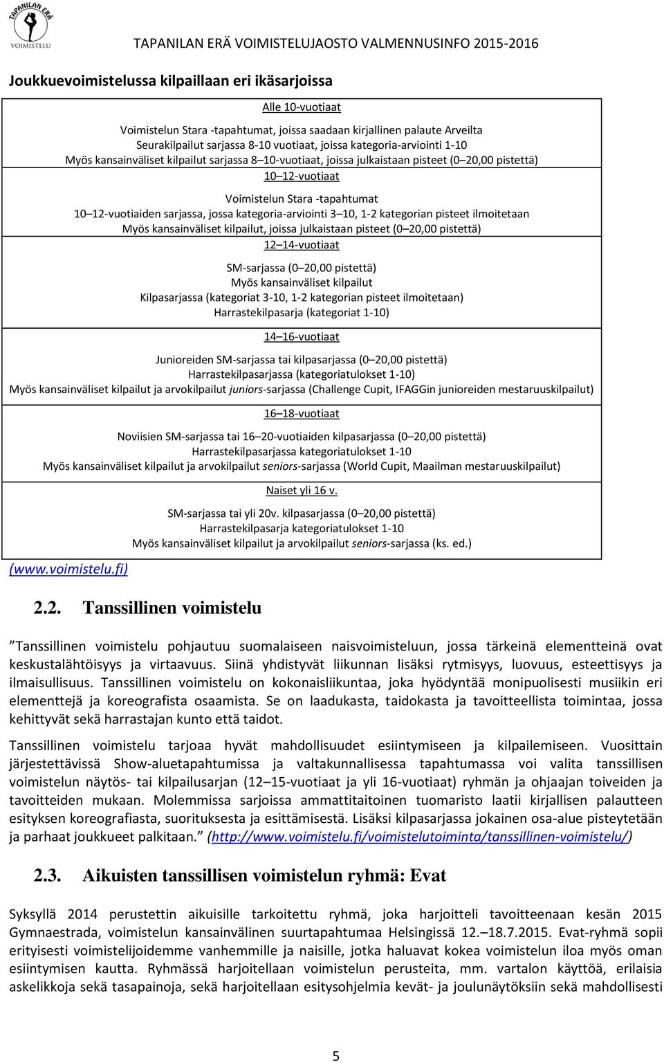 jossa kategoria-arviointi 3 10, 1-2 kategorian pisteet ilmoitetaan Myös kansainväliset kilpailut, joissa julkaistaan pisteet (0 20,00 pistettä) 12 14-vuotiaat SM-sarjassa (0 20,00 pistettä) Myös