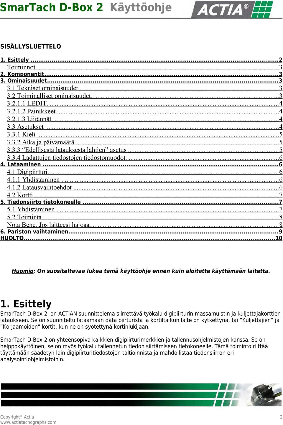 ..6 4.1.1 Yhdistäminen... 6 4.1.2 Latausvaihtoehdot... 6 4.2 Kortti...7 5. Tiedonsiirto tietokoneelle...7 5.1 Yhdistäminen... 7 5.2 Toiminta...8 Nota Bene: Jos laitteesi hajoaa... 8 6.