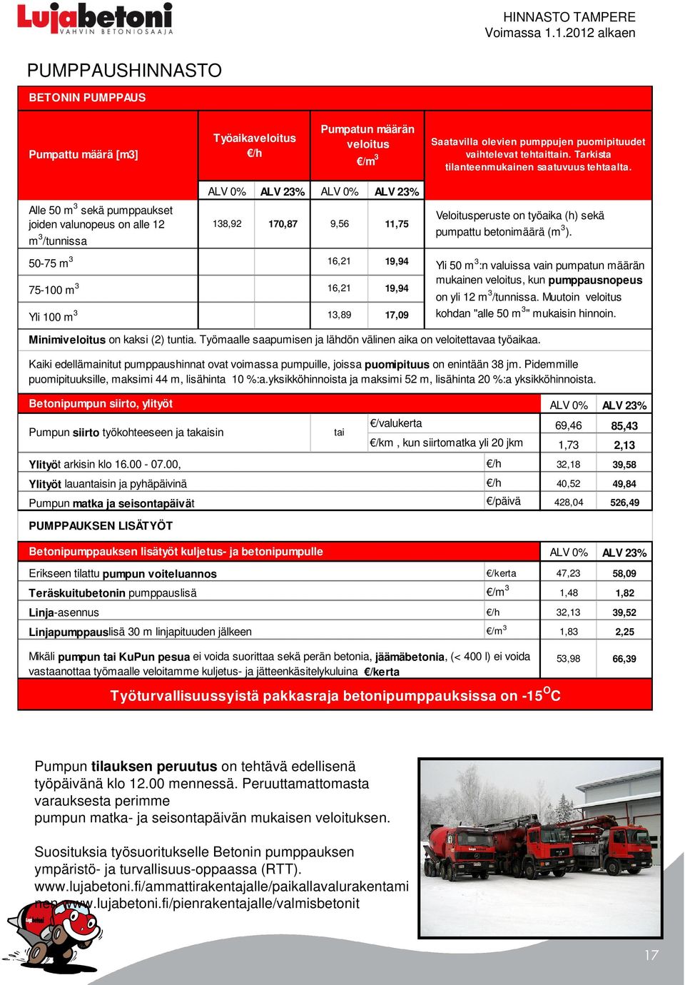 Alle 50 m 3 sekä pumppaukset joiden valunopeus on alle 12 m 3 /tunnissa 138,92 170,87 9,56 11,75 Veloitusperuste on työaika (h) sekä pumpattu betonimäärä (m 3 ).