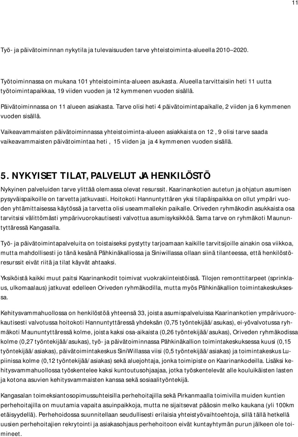 Tarve olisi heti 4 päivätoimintapaikalle, 2 viiden ja 6 kymmenen vuoden sisällä.