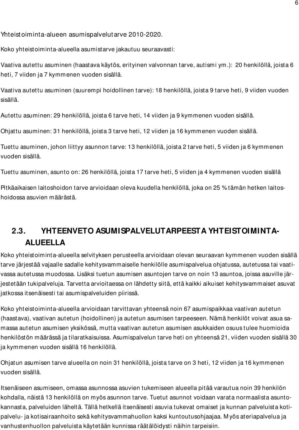 Autettu asuminen: 29 henkilöllä, joista 6 tarve heti, 14 viiden ja 9 kymmenen vuoden sisällä. Ohjattu asuminen: 31 henkilöllä, joista 3 tarve heti, 12 viiden ja 16 kymmenen vuoden sisällä.