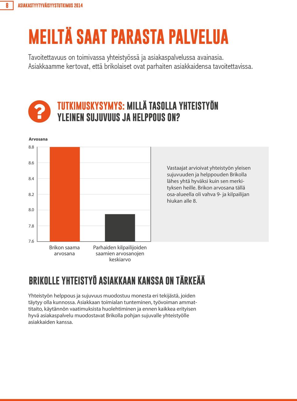 2 Vastaajat arvioivat yhteistyön yleisen sujuvuuden ja helppouden Brikolla lähes yhtä hyväksi kuin sen merkityksen heille. Brikon arvosana tällä osa-alueella oli vahva 9- ja kilpailijan hiukan alle 8.