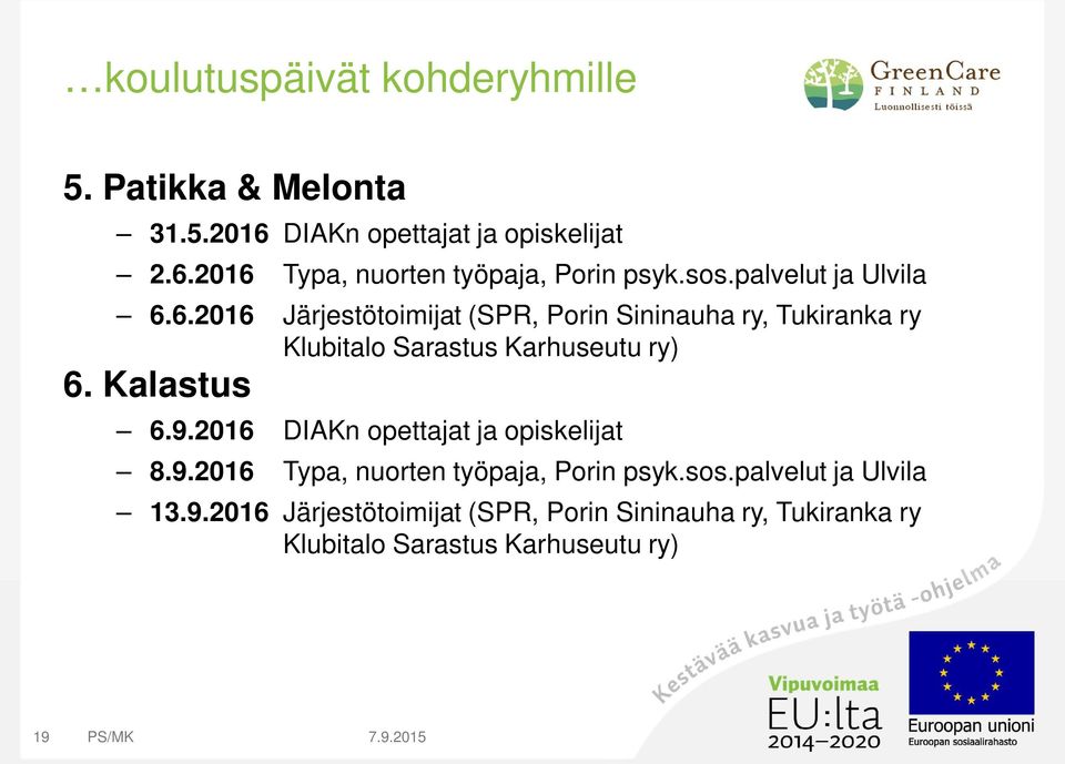 6.2016 Järjestötoimijat (SPR, Porin Sininauha ry, Tukiranka ry Klubitalo Sarastus Karhuseutu ry) 6. Kalastus 6.9.