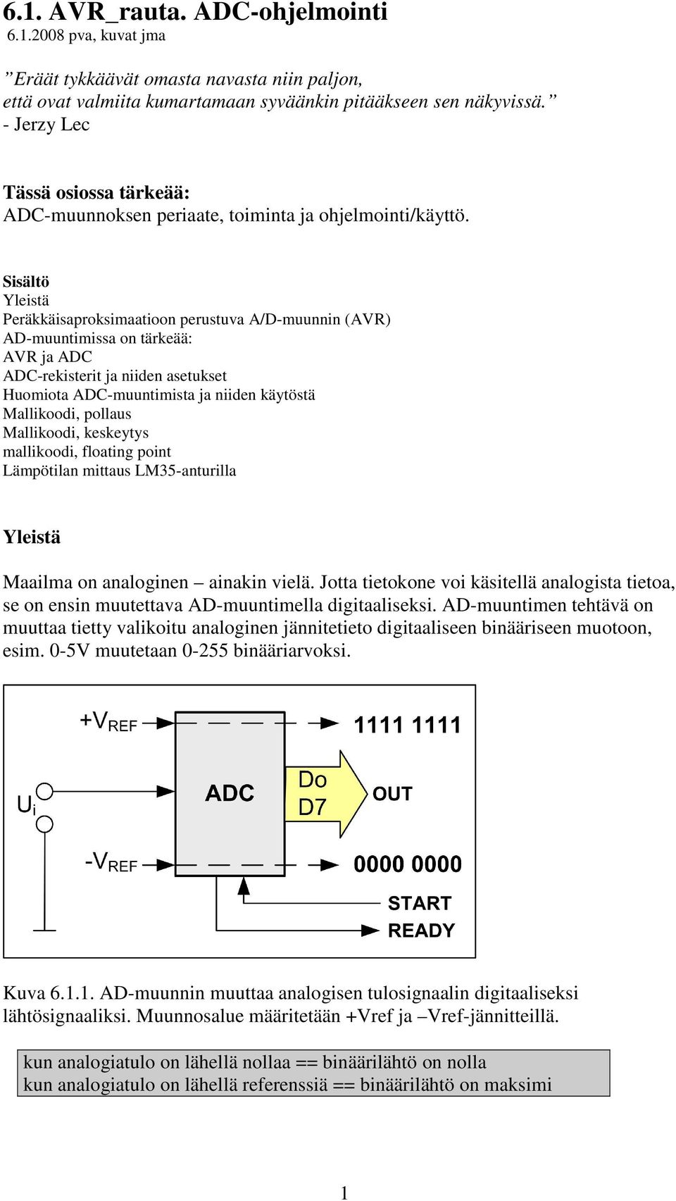Sisältö Yleistä Peräkkäisaproksimaatioon perustuva A/D-muunnin (AVR) AD-muuntimissa on tärkeää: AVR ja ADC ADC-rekisterit ja niiden asetukset Huomiota ADC-muuntimista ja niiden käytöstä Mallikoodi,