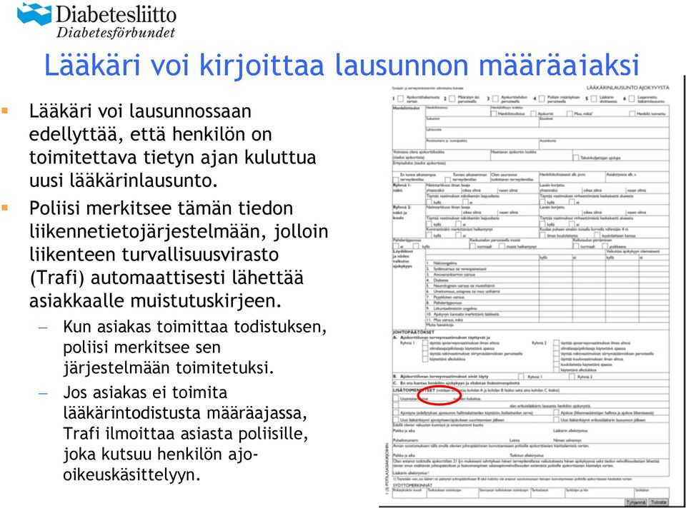 Poliisi merkitsee tämän tiedon liikennetietojärjestelmään, jolloin liikenteen turvallisuusvirasto (Trafi) automaattisesti lähettää