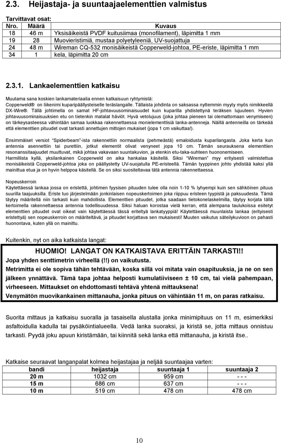 PE-eriste, läpimitta 1 mm 34 1 kela, läpimitta 20 cm 2.3.1. Lankaelementtien katkaisu Muutama sana koskien lankamateriaalia ennen katkaisuun ryhtymistä: Copperweld on liikenimi kuparipäällysteiselle teräslangalle.