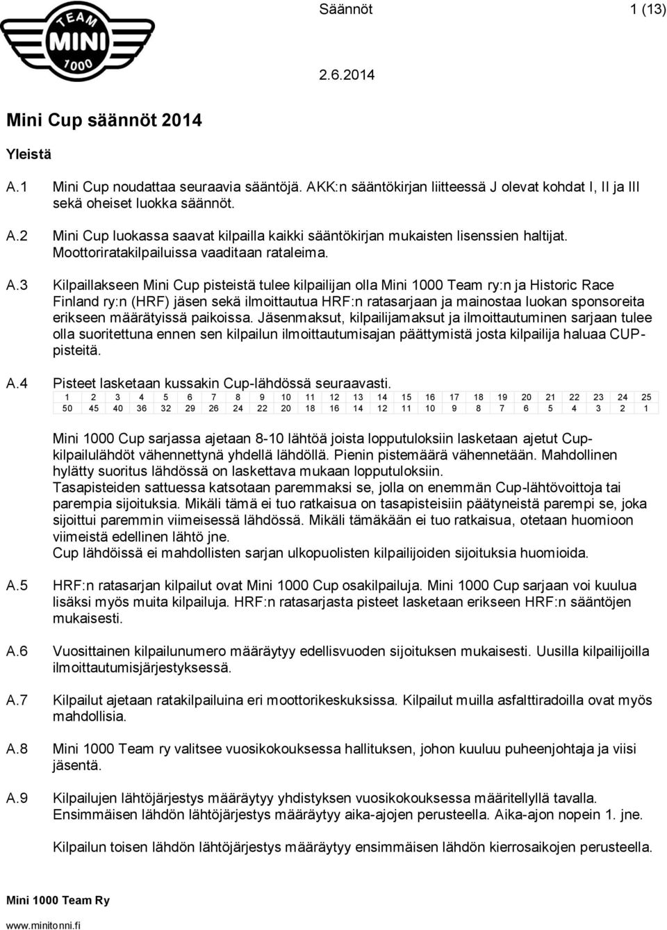3 Kilpaillakseen Mini Cup pisteistä tulee kilpailijan olla Mini 1000 Team ry:n ja Historic Race Finland ry:n (HRF) jäsen sekä ilmoittautua HRF:n ratasarjaan ja mainostaa luokan sponsoreita erikseen