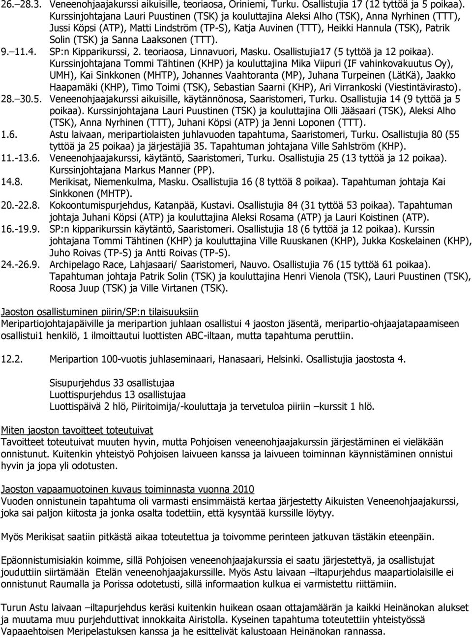 ja Sanna Laaksonen (TTT). 9. 11.4. SP:n Kipparikurssi, 2. teoriaosa, Linnavuori, Masku. Osallistujia17 (5 tyttöä ja 12 poikaa).