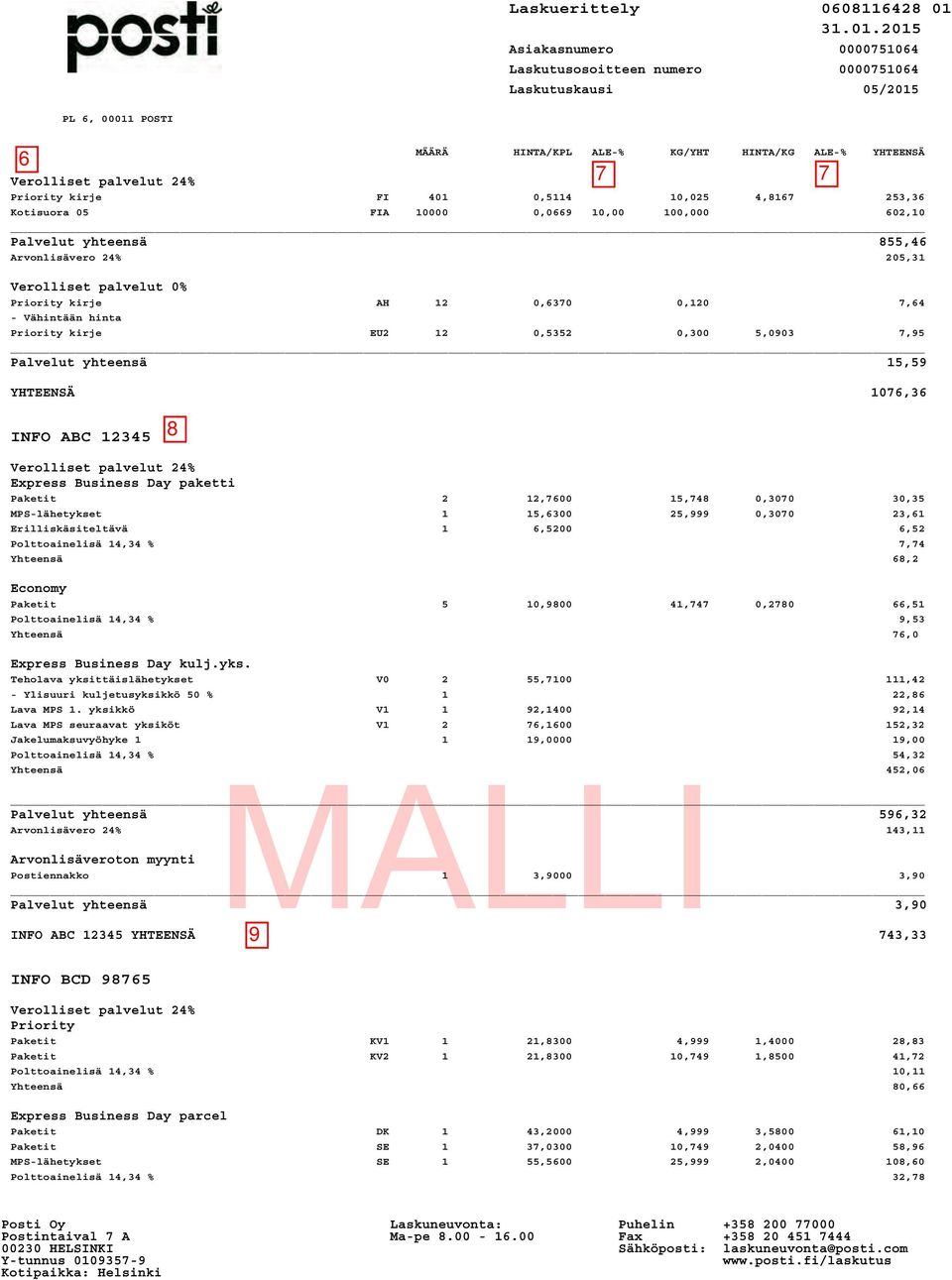 2015 Asiakasnumero 0000751064 Laskutusosoitteen numero 0000751064 Laskutuskausi 05/2015 PL 6, 00011 POSTI MÄÄRÄ HINTA/KPL ALE-% KG/YHT HINTA/KG ALE-% YHTEENSÄ Verolliset palvelut 24% Priority kirje