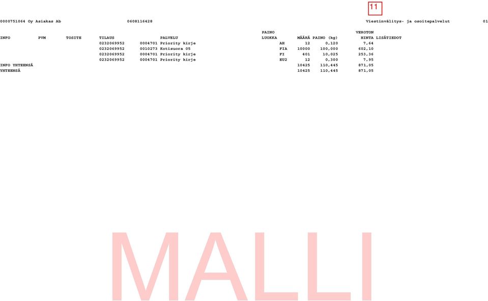 0232069952 0010273 Kotisuora 05 FIA 10000 100,000 602,10 0232069952 0004701 Priority kirje FI 401 10,025
