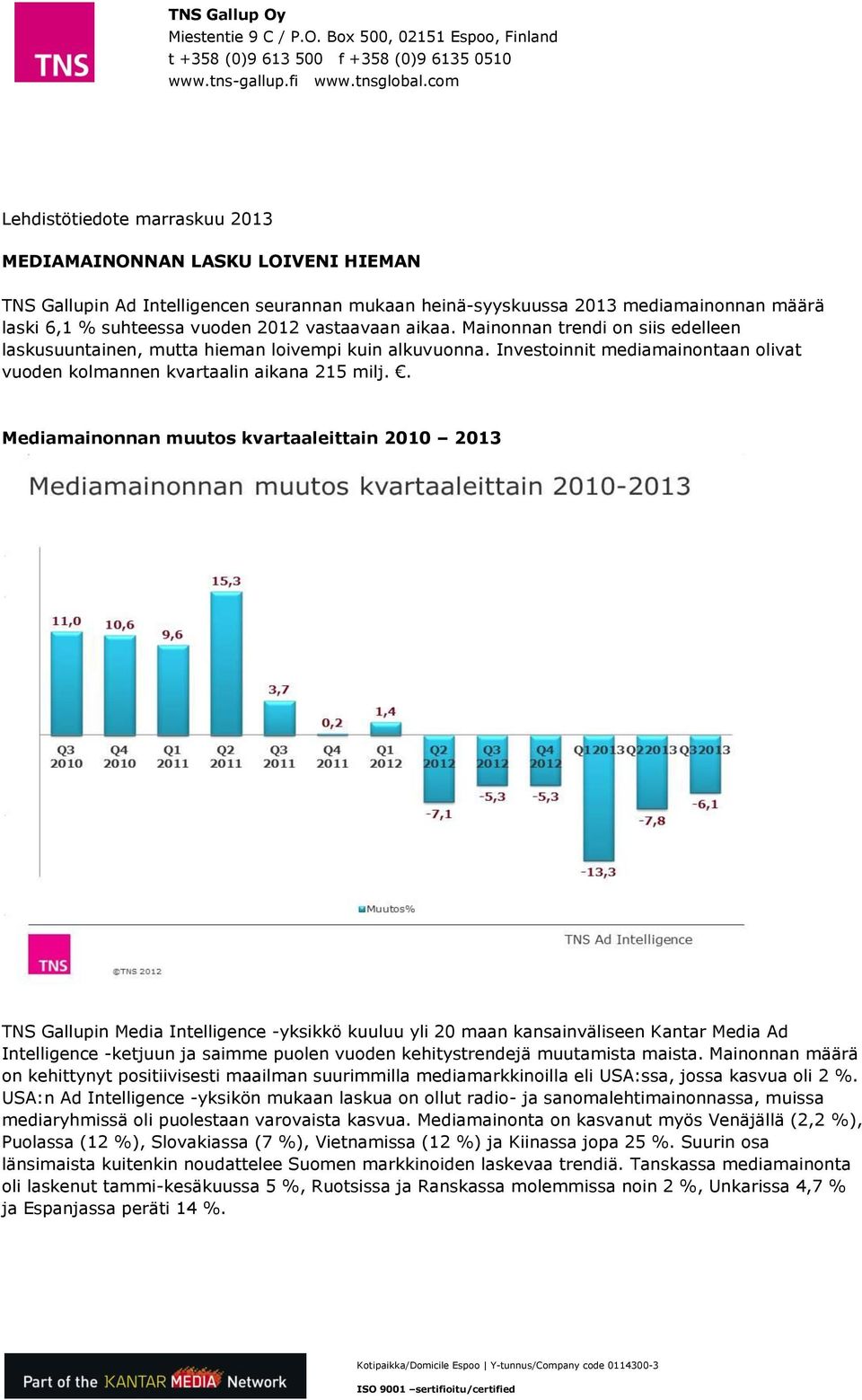 vastaavaan aikaa. Mainonnan trendi on siis edelleen laskusuuntainen, mutta hieman loivempi kuin alkuvuonna. Investoinnit mediamainontaan olivat vuoden kolmannen kvartaalin aikana 215 milj.