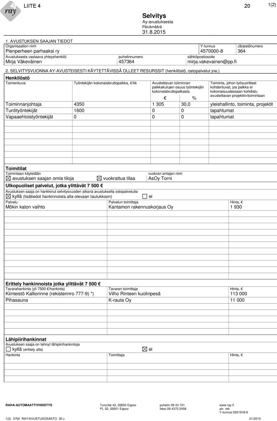 mirja.vakevainen@pp.fi 2. SELVITYSVUONNA AY-AVUSTEISESTI KÄYTETTÄVISSÄ OLLEET RESURSSIT (henkilöstö, ostopalvelut jne.